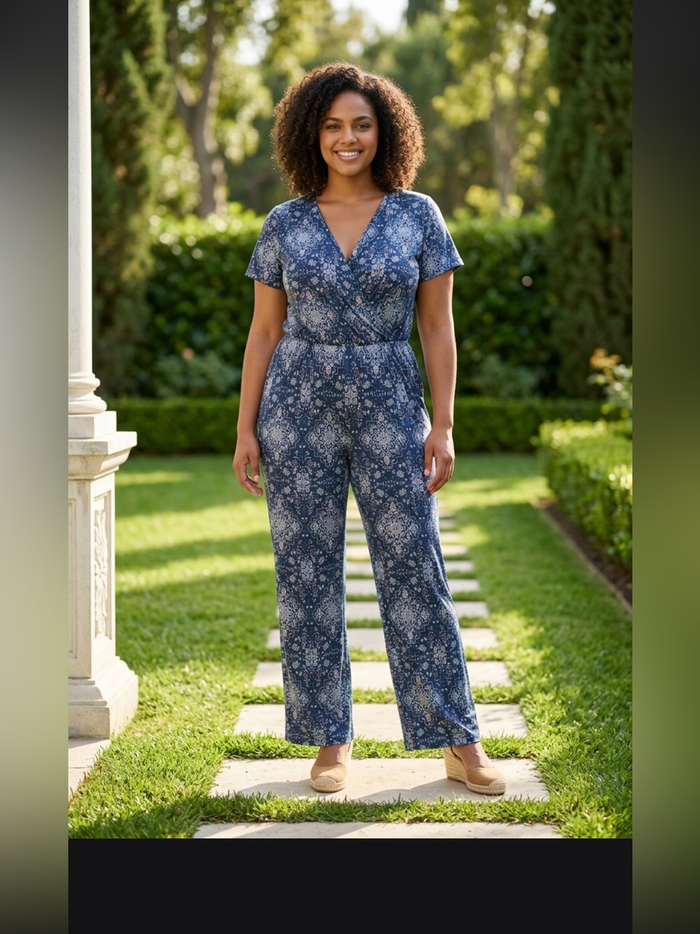 Style & Co. Navy Printed Short-Sleeve Wrap Jumpsuit